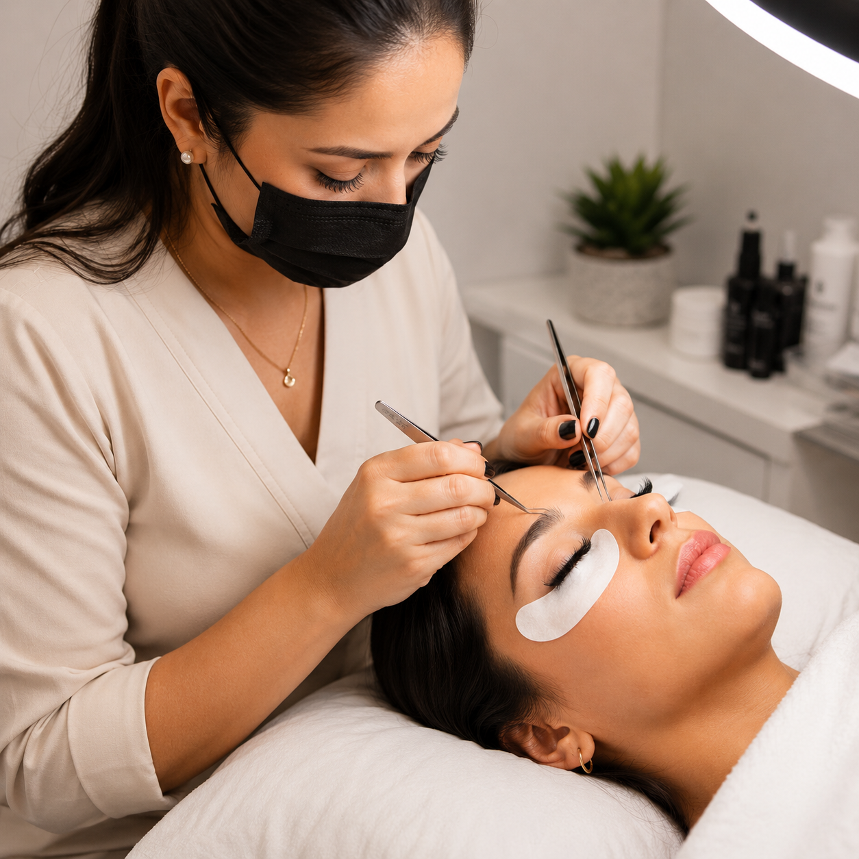 Profissionais aplicando lash lifting em cliente